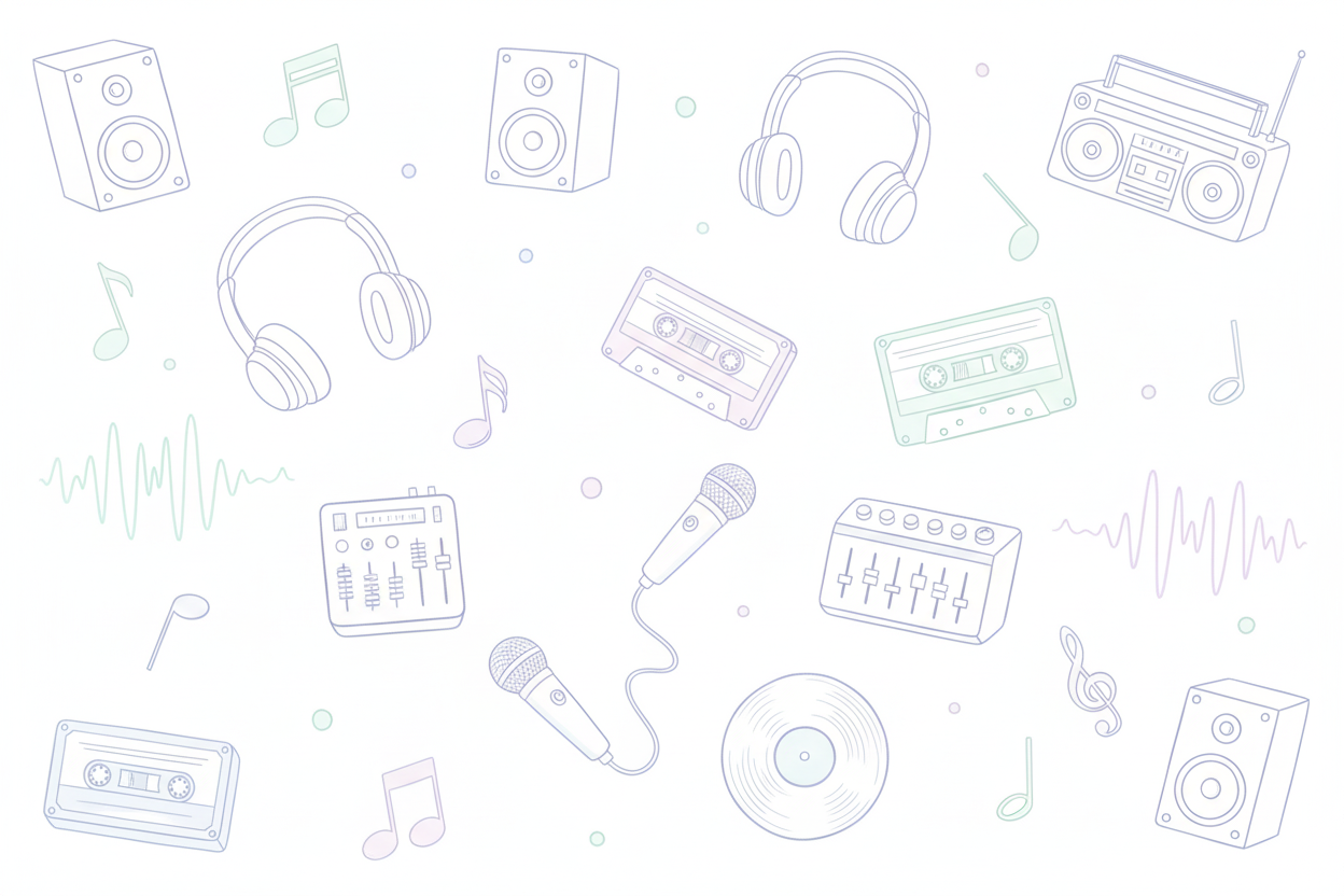 Very light colored sound item doodles on white background